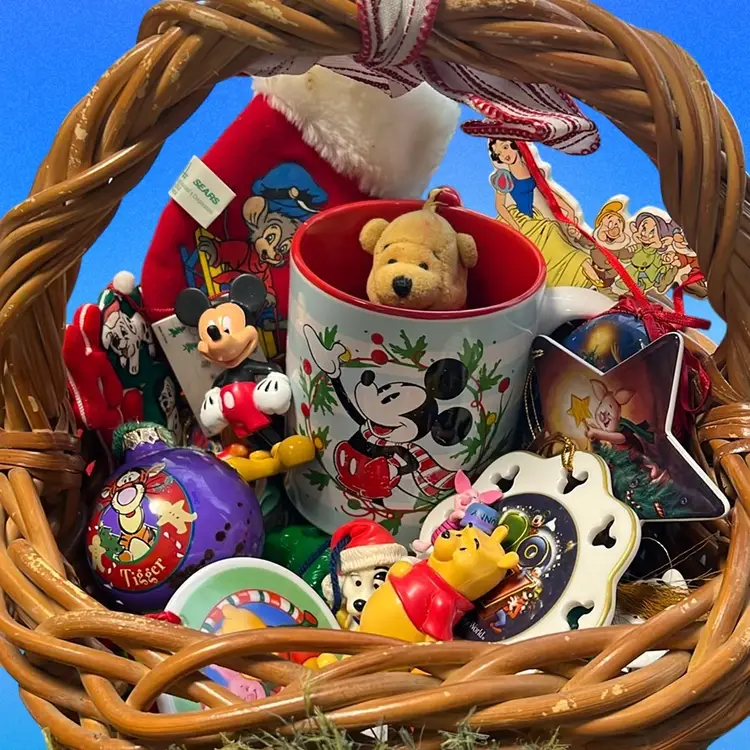 Disney Lot Of Christmas Items 24 Items, Mickey, Dalmatians, Little Mermaid, Winnie The Pooh, An American Tail, Snow White And Beautiful Basket.  Large Mickey Mug. Free Shipping Fo This Item.