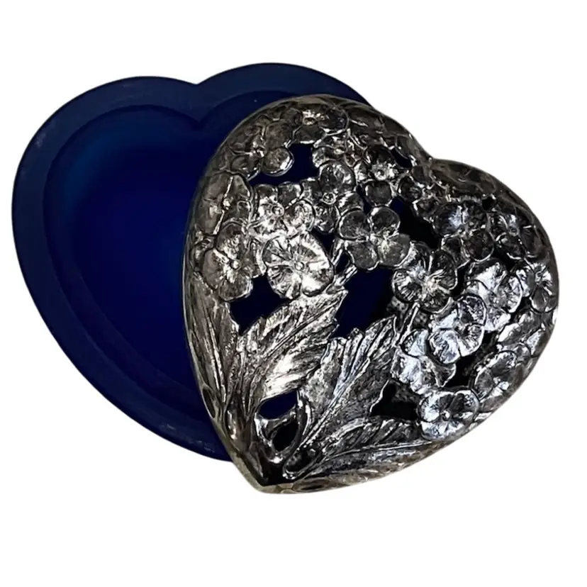 Cobalt Blue Christofle France Glass Floral Heart Trinket Box