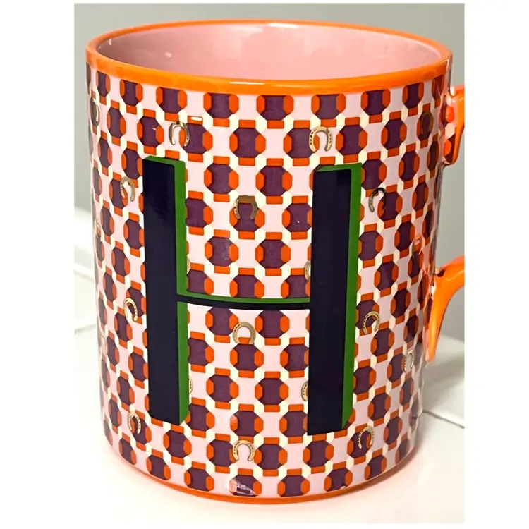Anthropologie Parker Stoneware Geometric Monogram Letter H Orange Purple Coffee Mug MCM Style 4 in Height