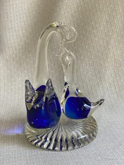 Cobalt Blue And Clear Art Glass Mother Swan Feeding Baby Swan On Base