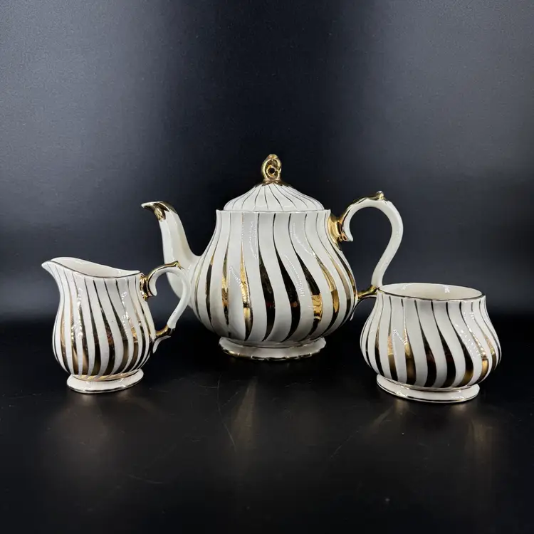 Sadler England Swirl Porcelain Tea Coffee Pot Sugar & Creamer Gold Swirl Vintage