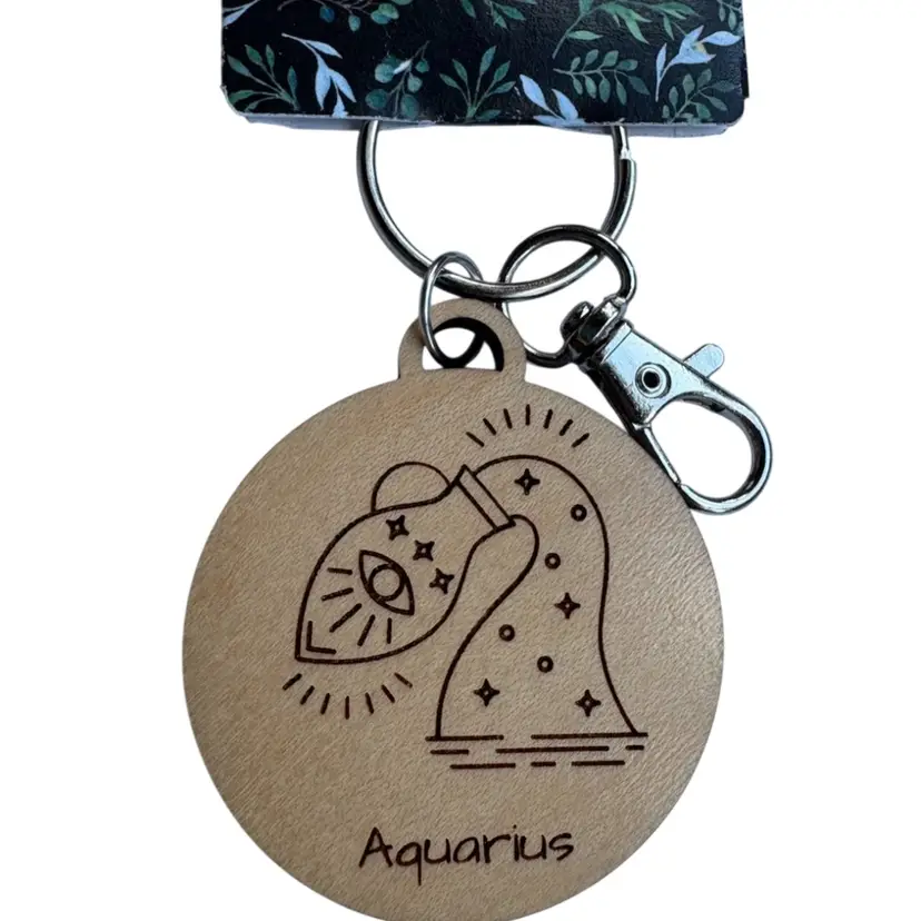 New Wooden Aquarius  Zodiac Engraved Keychain
