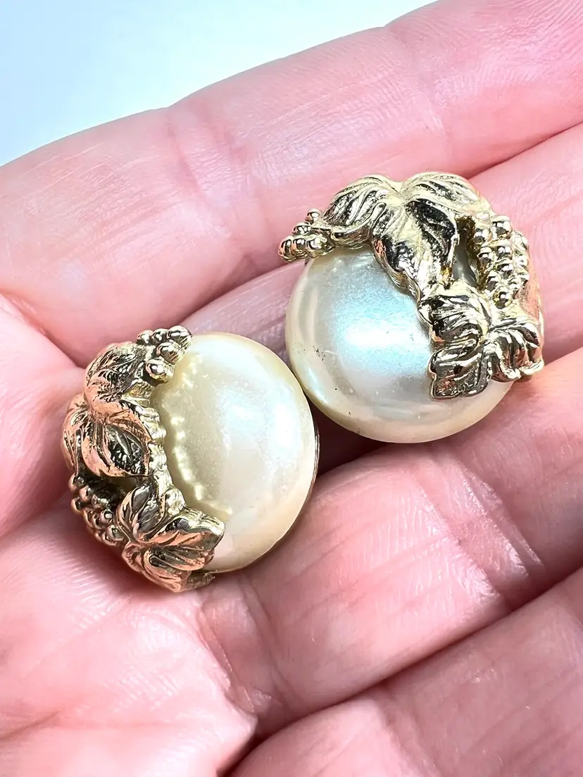 Gold-Toned Button Pearl Clip On Earrings. Grapes And Leaf Design.