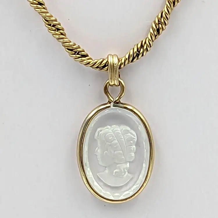 12K Gold Filled Fancy Twist Chain Clear Glass Intaglio Pendant Vintage 14"