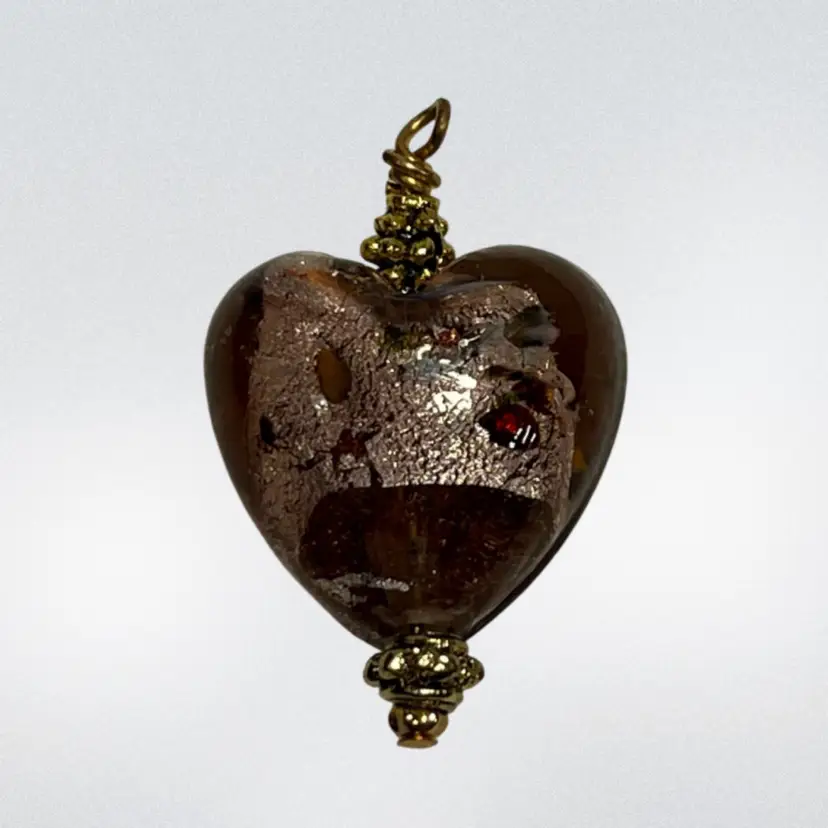 Small Art Glass Heart Wire Wrap Bead Pendant Brown | .75”