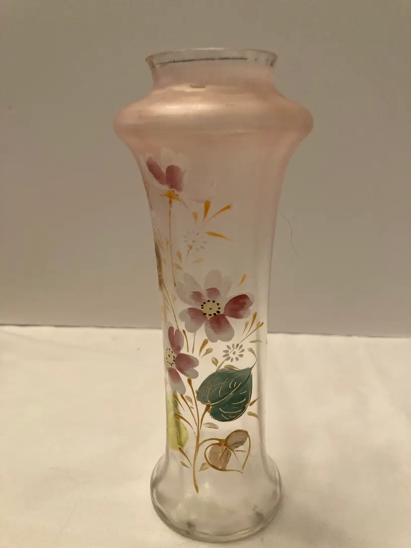 Victorian Hand Painted Floral Pink Bristol Art Glass Vase