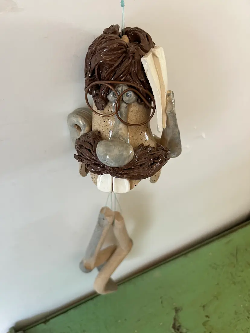 Studio Pottery Whimsical Face Windchime Mobile. Vintage Signed by Artist. Spaghetti Hair.