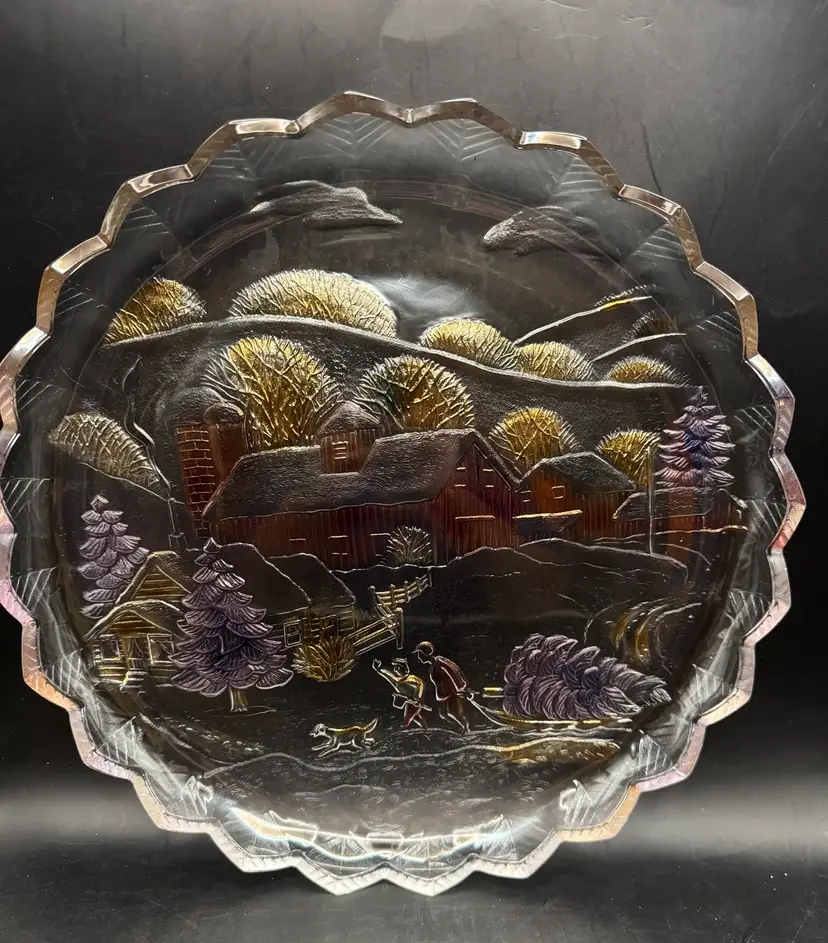 Vintage ‘92 Crystal Clear Studios Japan "Winter Estates" Iridescent Glass Serving Platter 14”