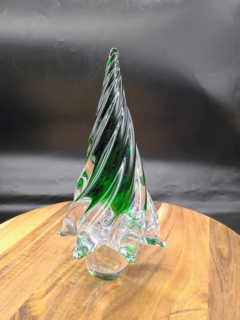 Glitzhomes Hand Blown Art Glass Christmas Tree Clear and Green Swirl 9.75” Tall