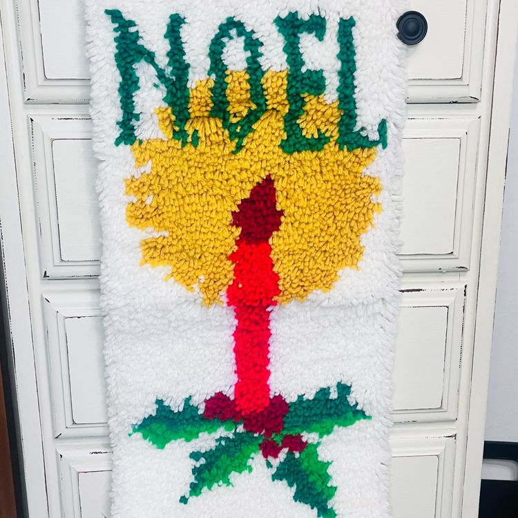 1970s Noel Candle -  Latch Hook Wall Hanging - Handmade Christmas Decor