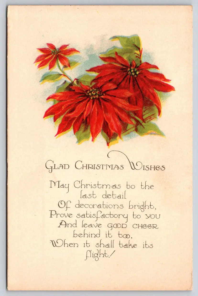 Postcard Glad Christmas Wishes Poem Poinsettia - 14645