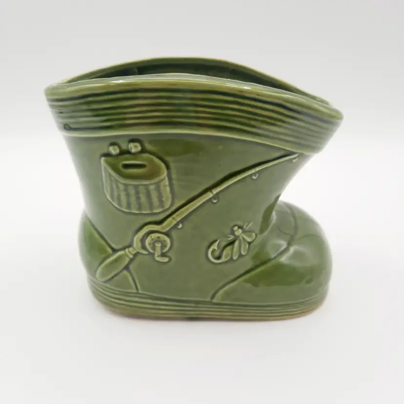 Vintage Green Fishing Boot Planter Vase Rubens Original Japan