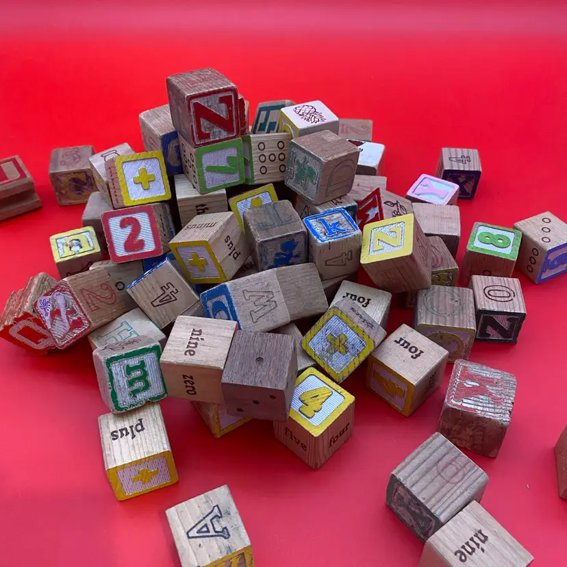 Vintage Wooden Children's Toy Blocks - Mixed 79 Block Lot - Letters Numbers More