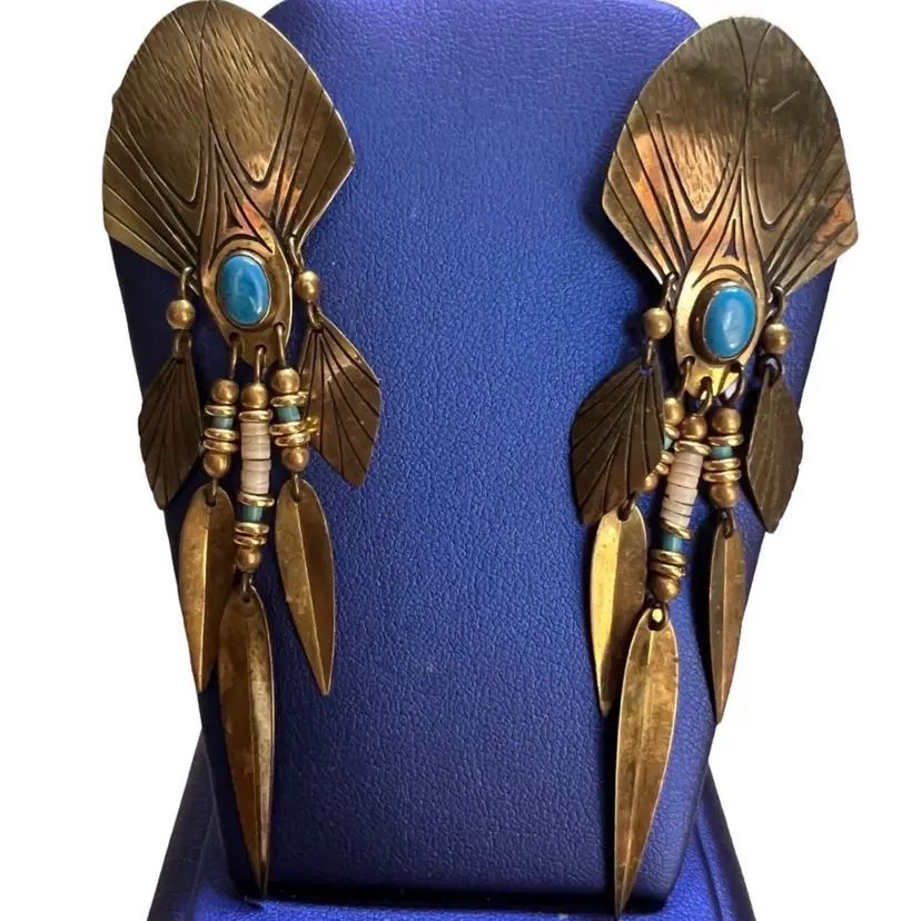 Ron Miyashiro Art Deco Brass Earrings Turquoise Stone RARE Signed