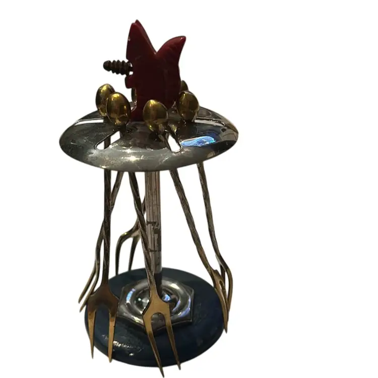 MCM Cocktail Picks Forks 6 With Squirrel Caddy Stand Vintage
