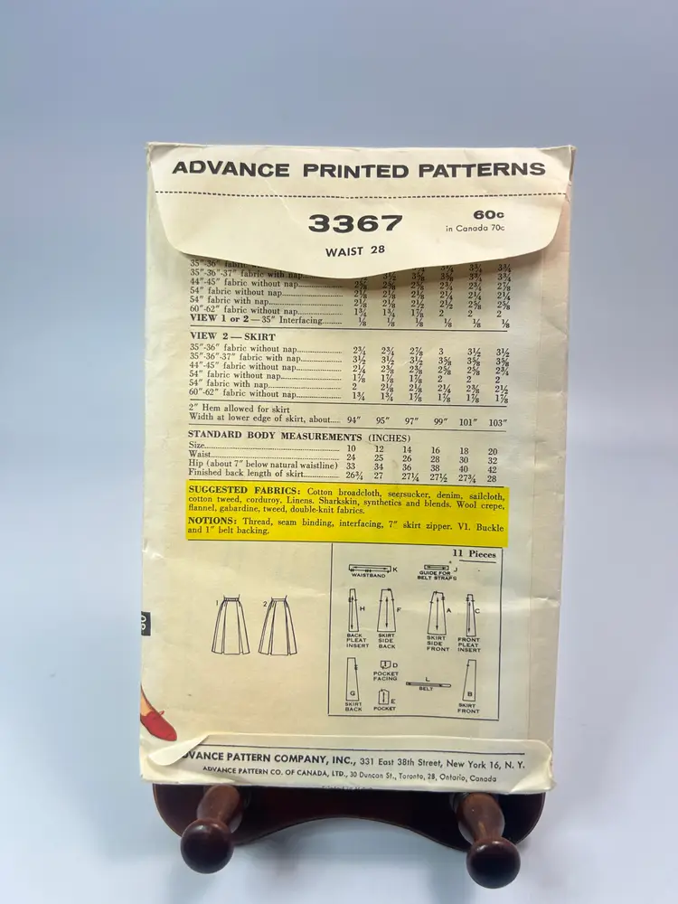 Vintage Advance Sew Easy Sewing Pattern 3367 Misses Skirt Size Waist 28