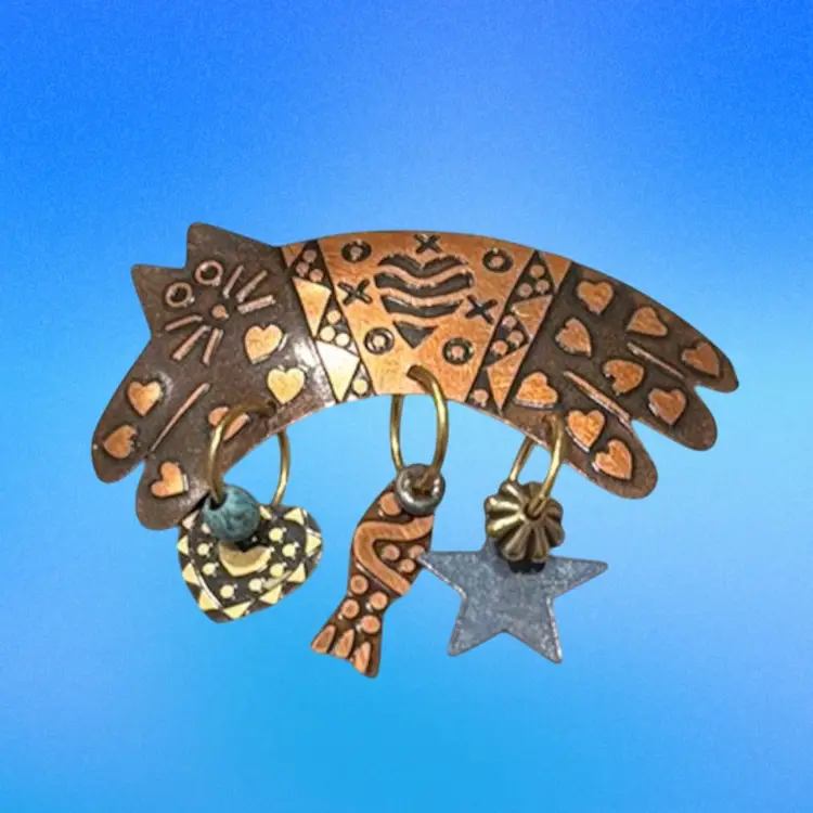 Vintage Stamped Metal Cat Brooch w/ Heart, Fish & Star Dangle 1.75”