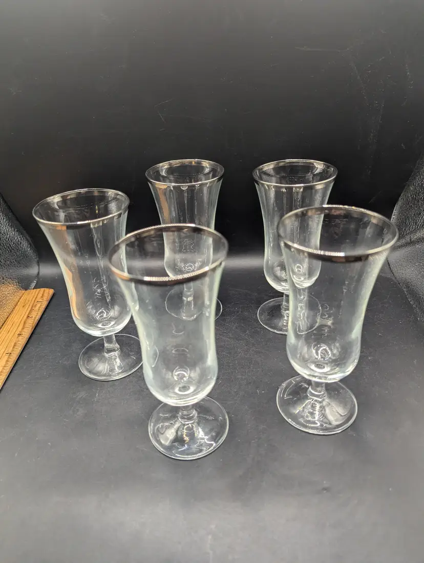 Vintage Set of 5 1950s by Cristal D'Arques-Durand Platinum Rim Cocktail/Parfait Glasses.