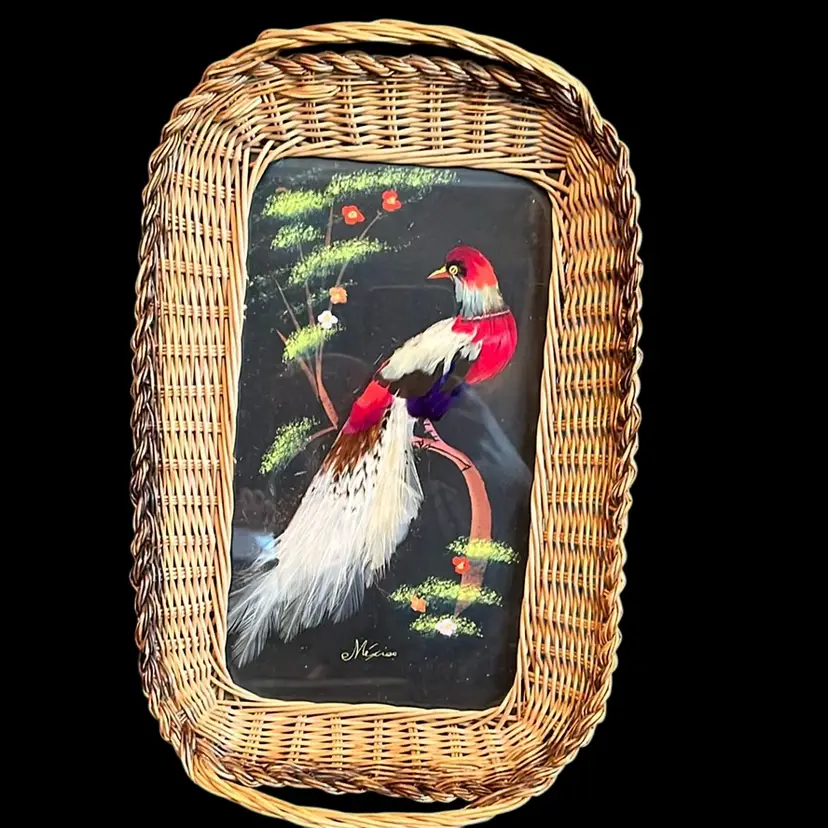 Beautiful Mexican Feather Art Bird With Woven Wicker Basket Style Frame