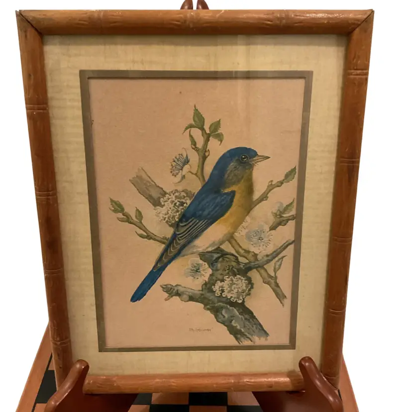 🎉Vintage Faux Bambo Wood Framed Bluebird Print