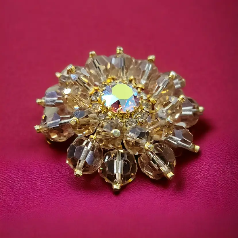 Vintage Austrian Brooch Aurora Borealis 4 Layers Rhinestones Glass Crystals Faceted Austria Read