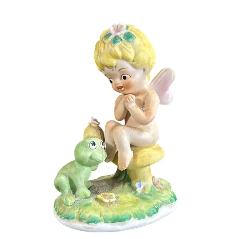 Vintage Ceramic Big Eyed Fairy on a Mushroom with Frog 3.5” As Is