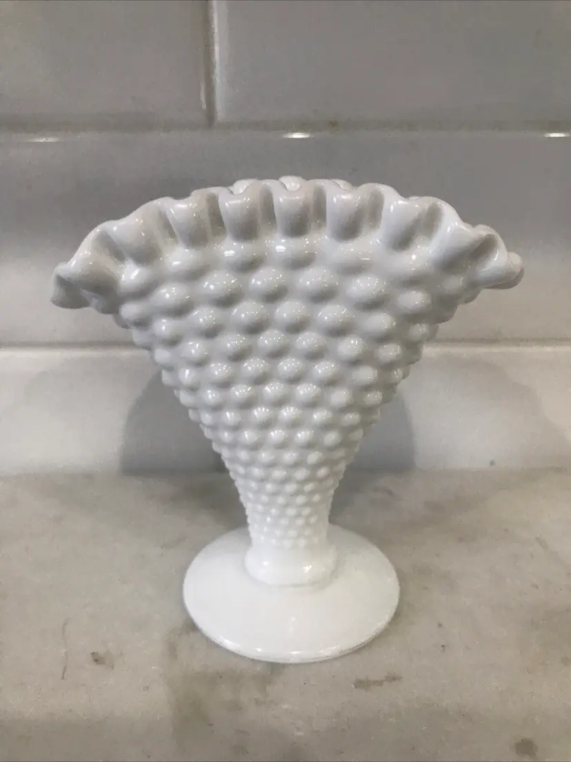 White Milk Glass Hobnail Fan Vase Footed Crimped Ruffle Edge Mini 4” High
