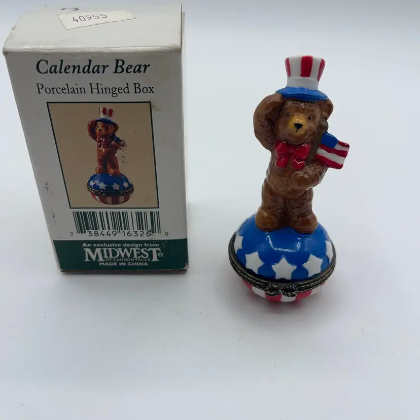 Midwest Cannon Fall Porcelain Teddy Bear JULY 4th Holiday Birthday Trinket Box