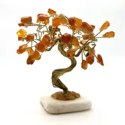 13 - Vintage Amber And Wire Miniature Bonsai Tree On Stone Base. 4”