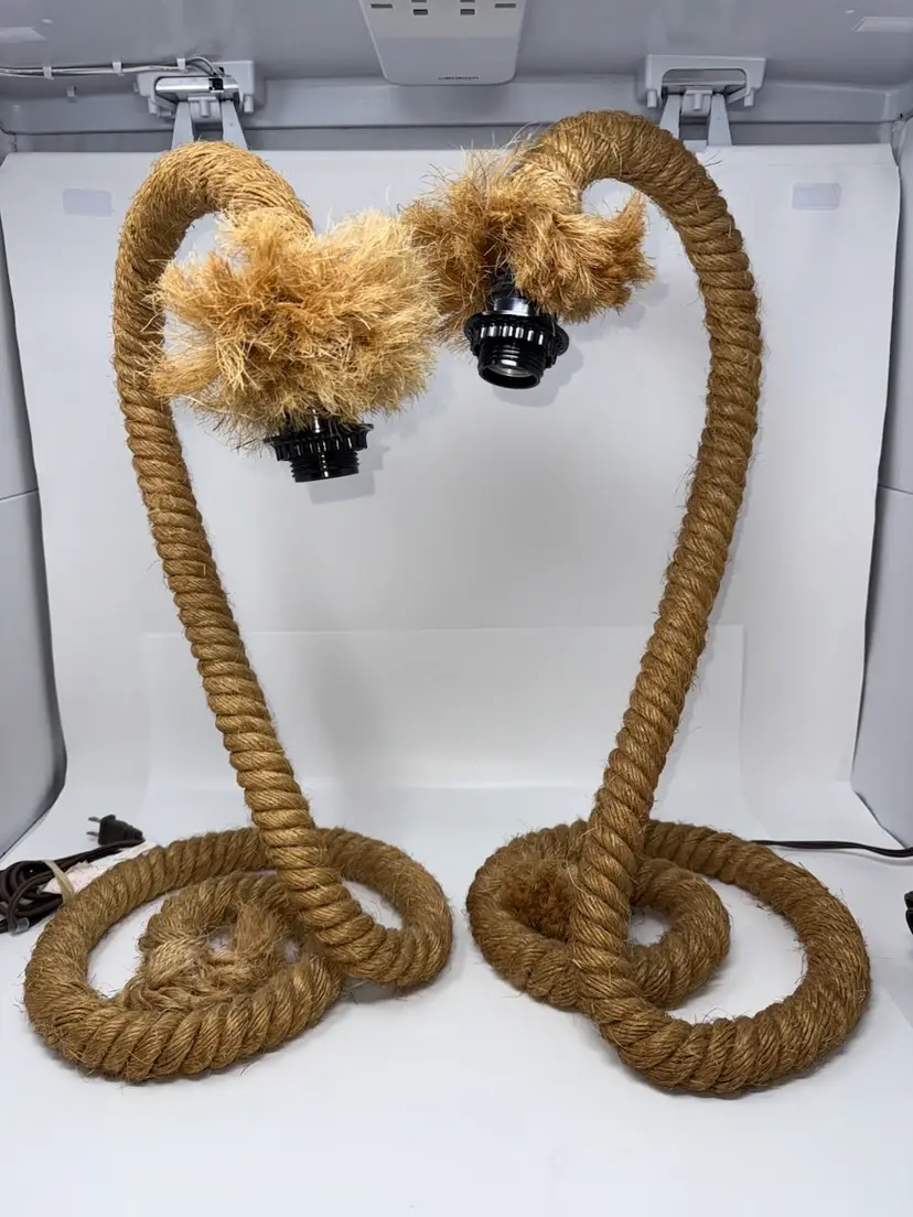 Vtg MCM Adrien Audoux & Frida Minet Style Gooseneck Rope Table Lamps Set 20” H