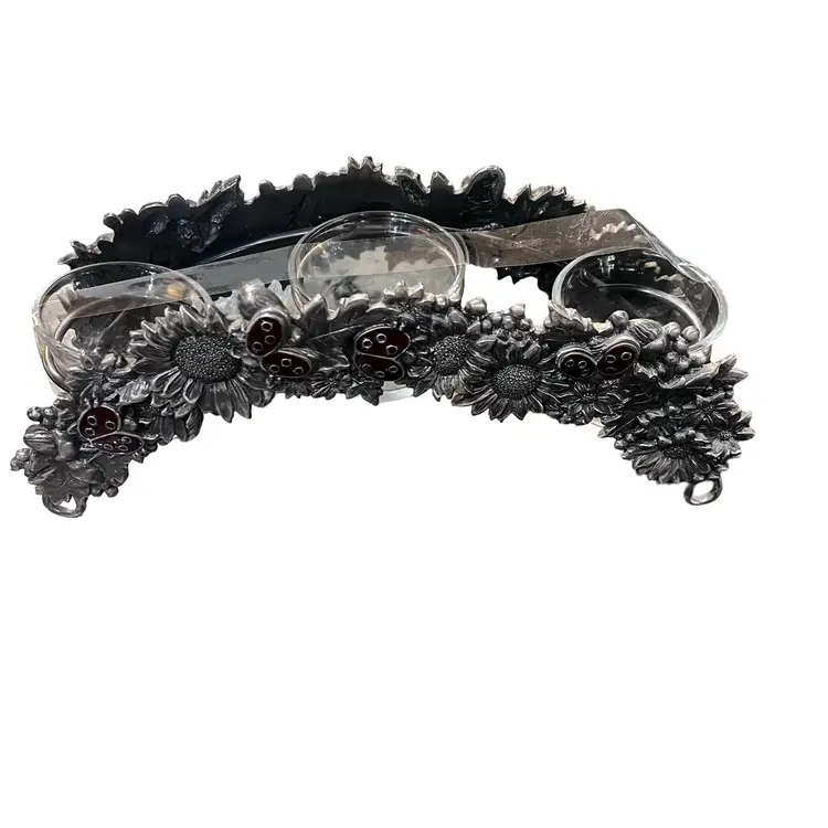 Vintage Pewter Metal Trio Ladybug Bridge Enamel Tealight Holder Table Top Decor Spring Summer