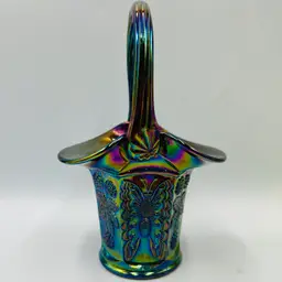 Fenton Carnival Glass Basket Butterfly And Blackberries Paneled LOW START
