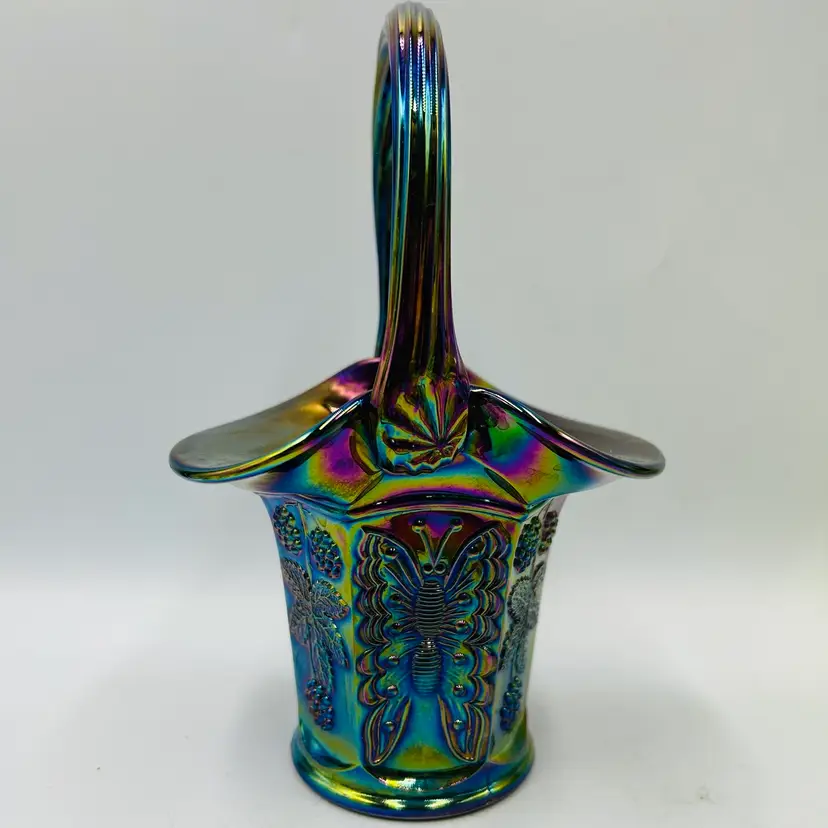 Fenton Carnival Glass Basket Butterfly And Blackberries Paneled LOW START