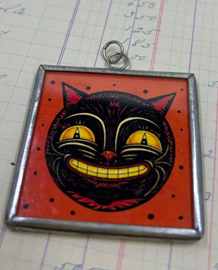 Halloween Pendant Black Cat Orange Pumpkin Jack O Lantern In Silver Frame With Loop 2” Free Shipping