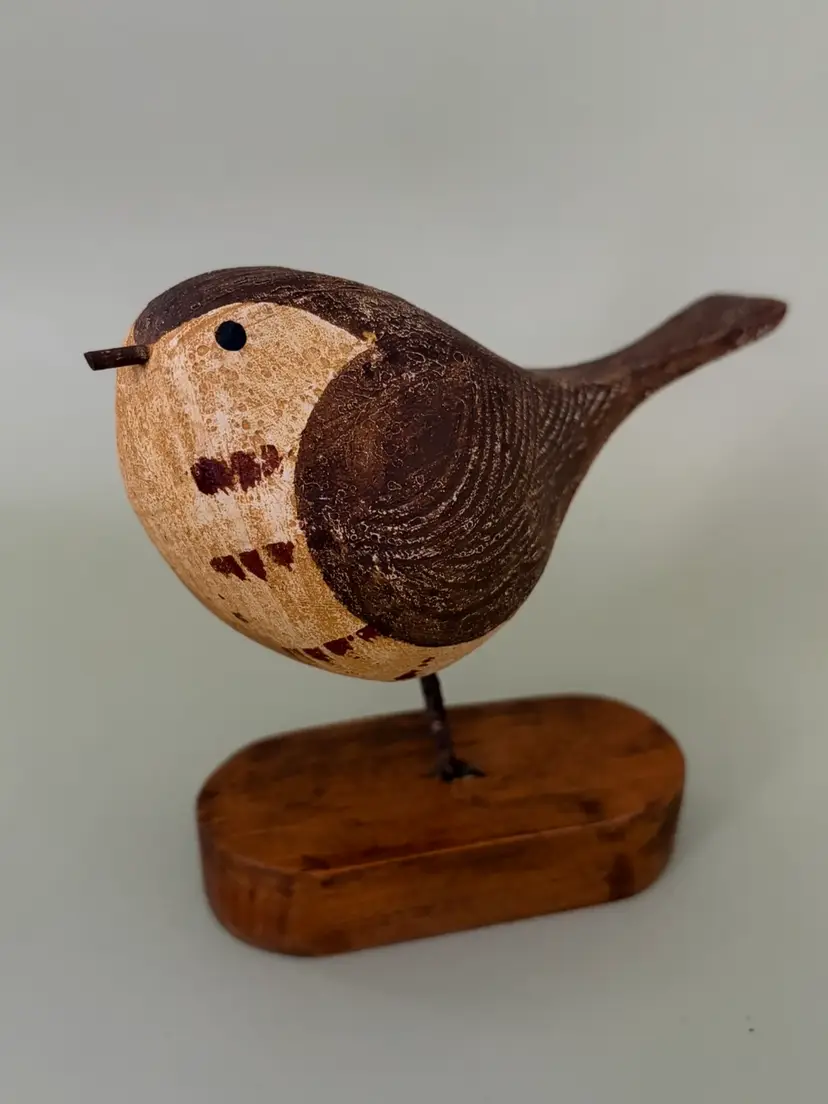 Handcrafted Folk Art Brown & Cream Decorative “Fat Bird” Figurine - Timber Base