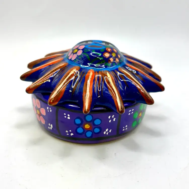 Purple Sun Mexican Pottery Round Trinket Box 2.5”x3.5”