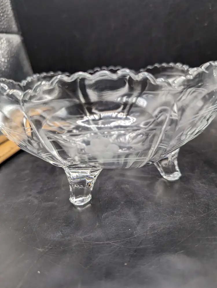 Vintage Clear Depression Floral Etched Footed Serving Bowl Candy Dish