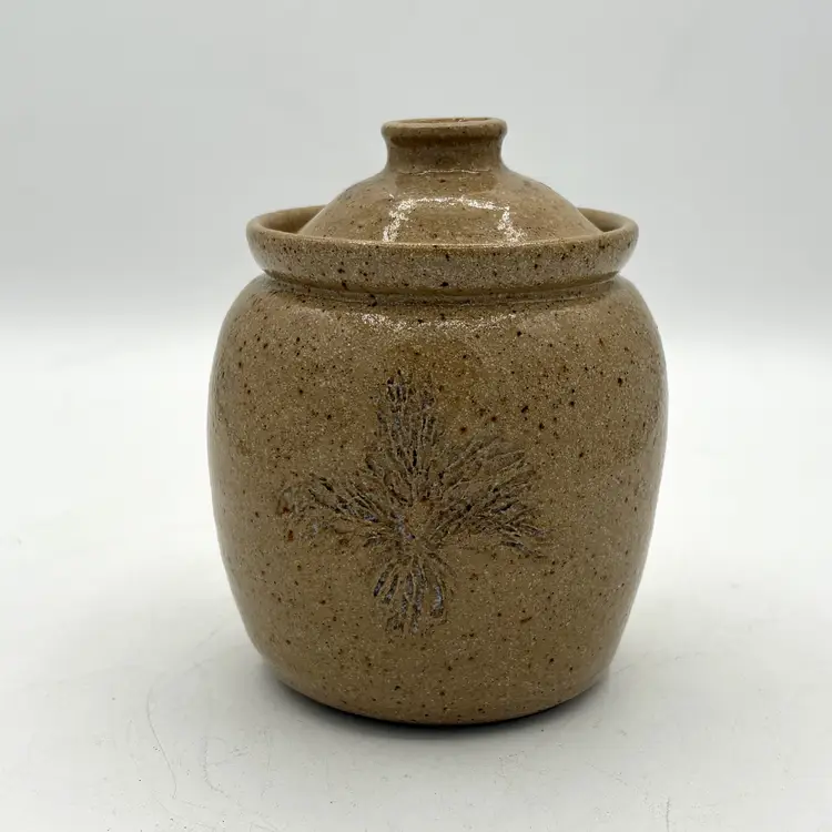 Studio Art Pottery Honey Pot Jar Signed JM w/Honey Dripper & Lid Impressed Flowers Stoneware