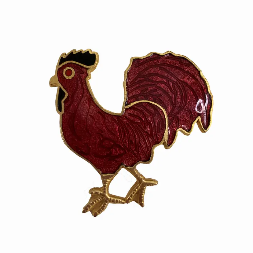 Red Enamel Rooster Chicken Brooch Hen Pin Vintage Gold Tone Shimmery