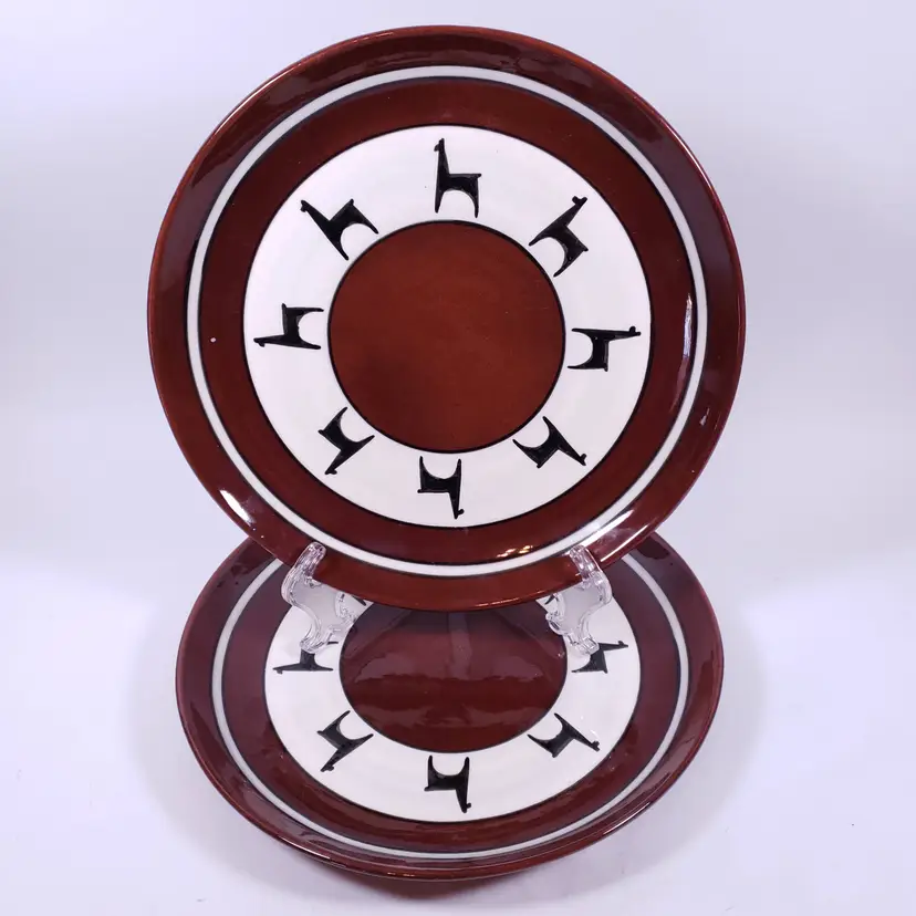 LOS REYES PERU Redware Pottery Llama Alpaca Folk Art Decorative PLATE SET
