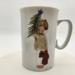 Kinka "Wish On The Christmas Star" Ceramic Mug Vintage Child Holding Tree & Bear