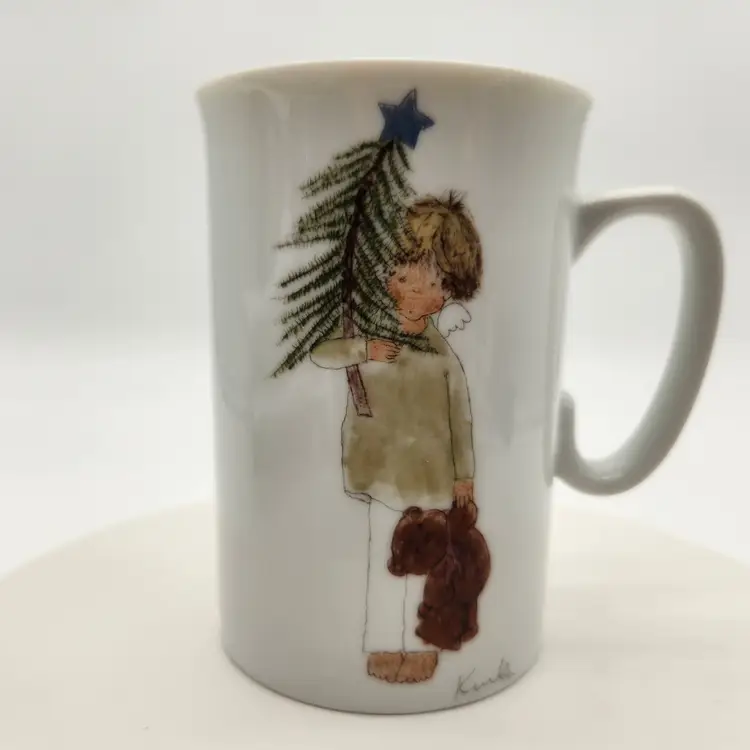 Kinka "Wish On The Christmas Star" Ceramic Mug Vintage Child Holding Tree & Bear