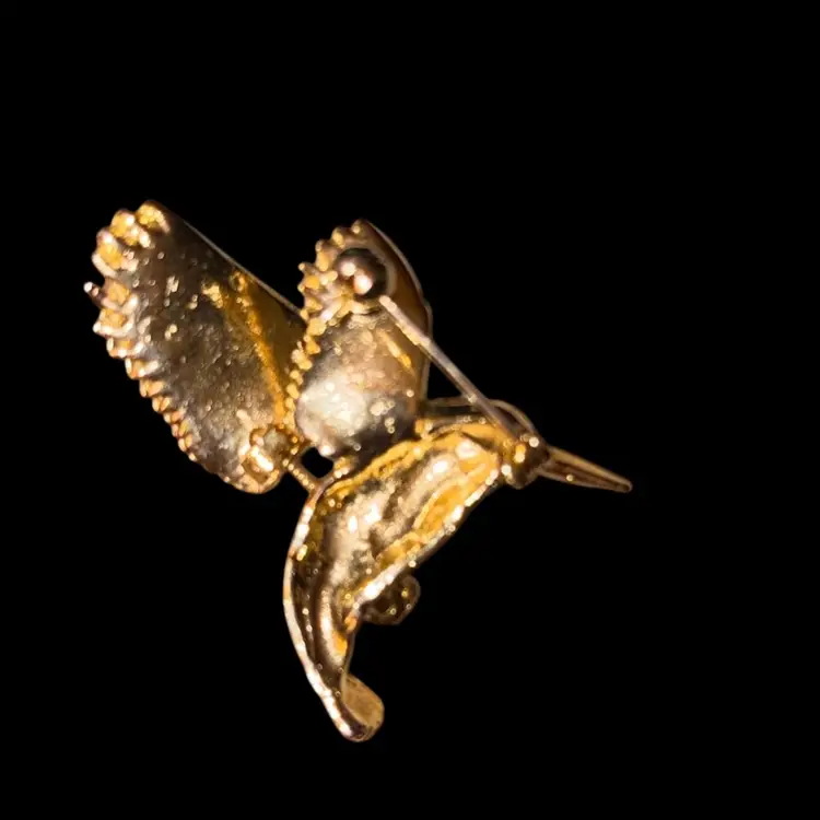 Vintage Hummingbird Trembler Brooch Green Rhinestone Eye Figural Pin Gold Tone