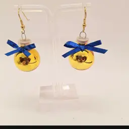 Christmas Ornament Earrings Blue Ball White Gold Bow