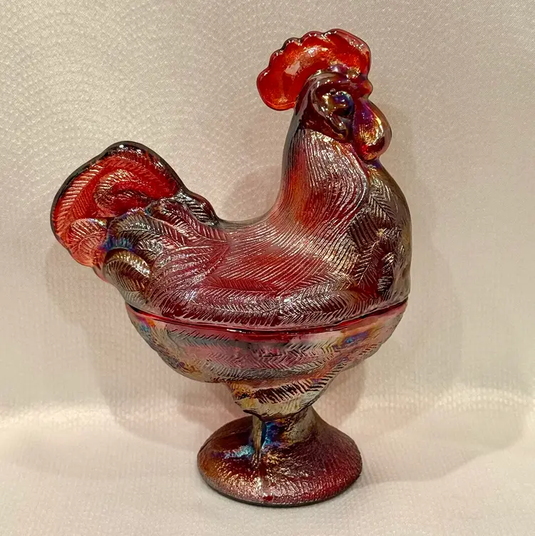 Vintage RARE Ruby Red Amberina Carnival Glass Rooster Dish Cadmium Glow 8.5” Hen