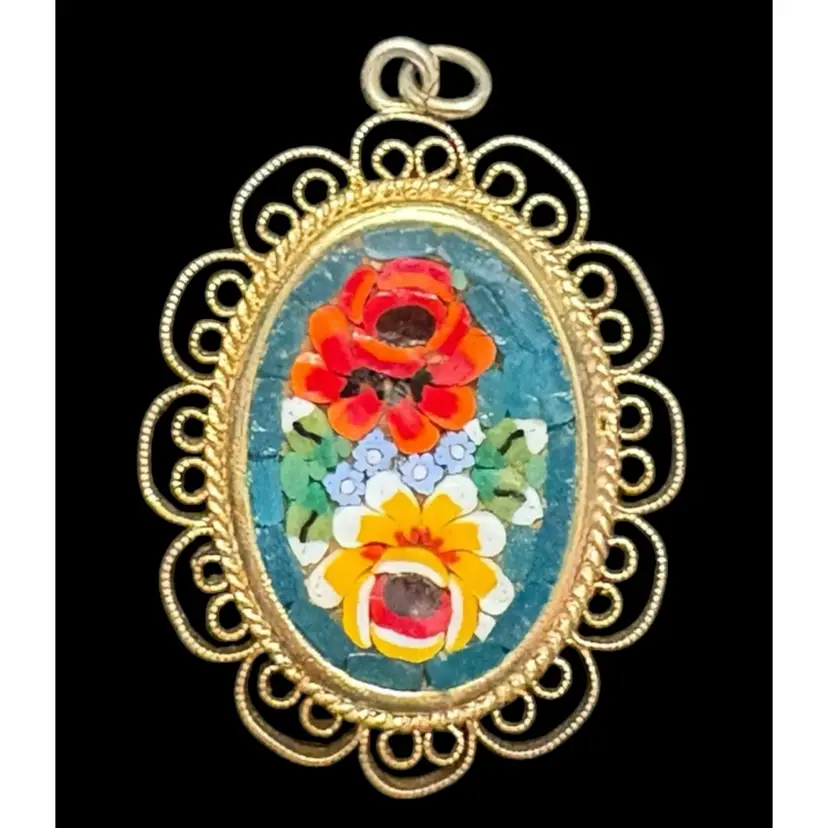 #01 107. Vintage Micro Mosaic Floral Filigree Pendant
