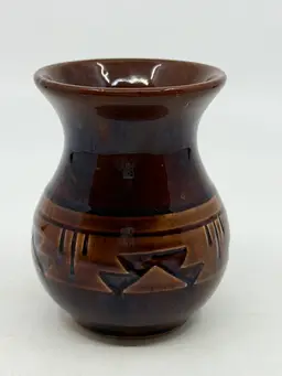 Vintage Native American Sioux Ceramic Pottery Small Vase Jar Glossy Brown Glaze Etched Designs Lakota Symbols Signed Swift Eagle READ