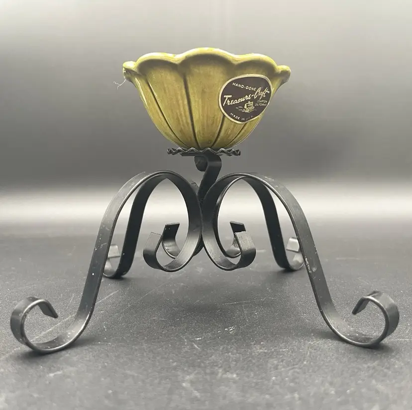 Vintage Treasure Craft Green Flower and Black Metal  Scroll Candlestick with/Sticker