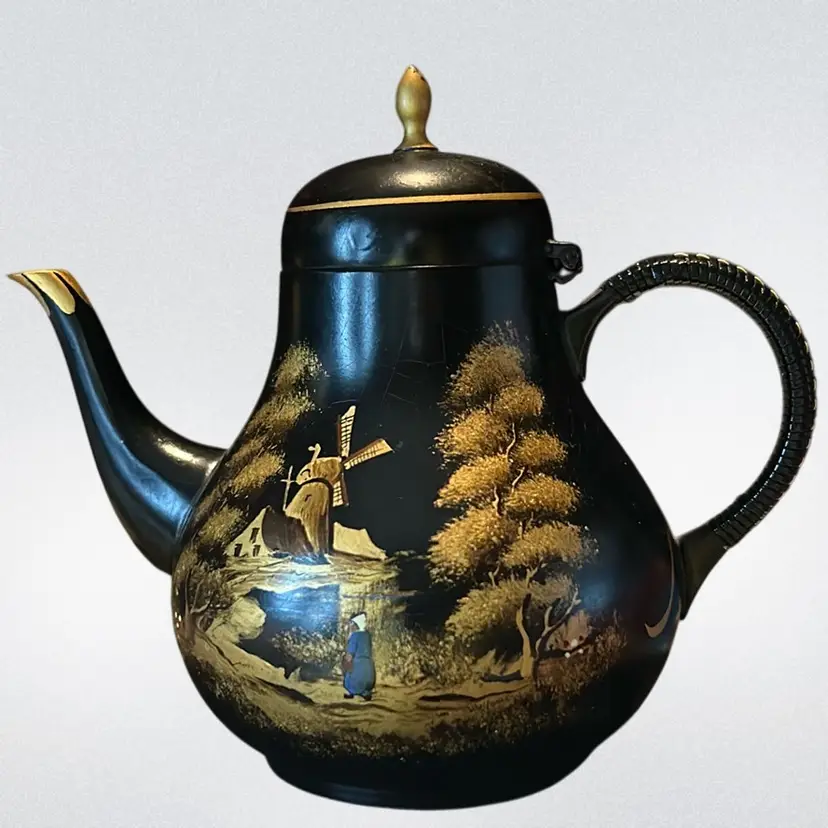 Kurz-Tiel Holland Dutch Hand Painted Lacquere  Signed Pewter Teapot