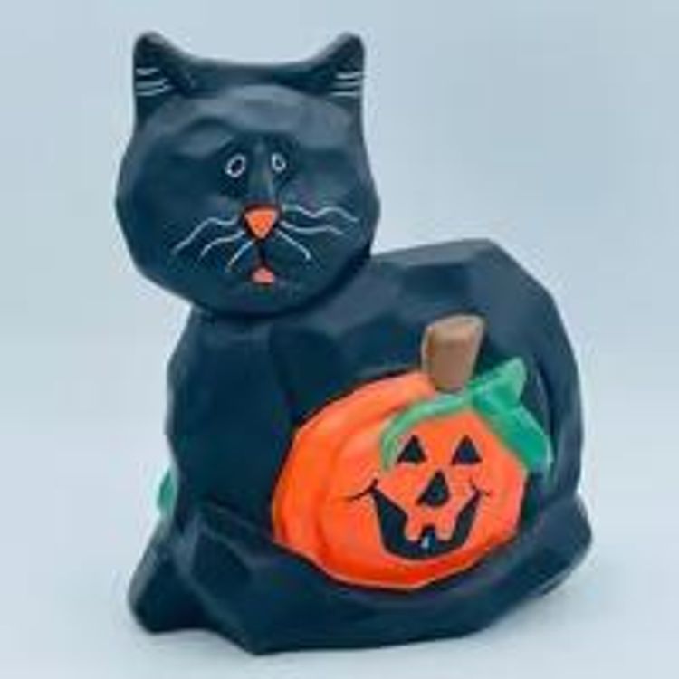 Vintage Hand Painted Ceramic Black Cat with Pumpkin Halloween Figurine